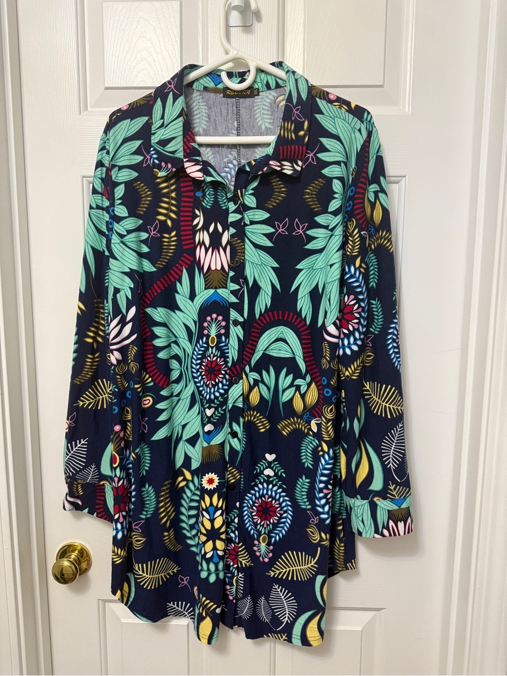 Reborn Navy Button-Down Shirt with Teal, Yellow & Red Floral Print